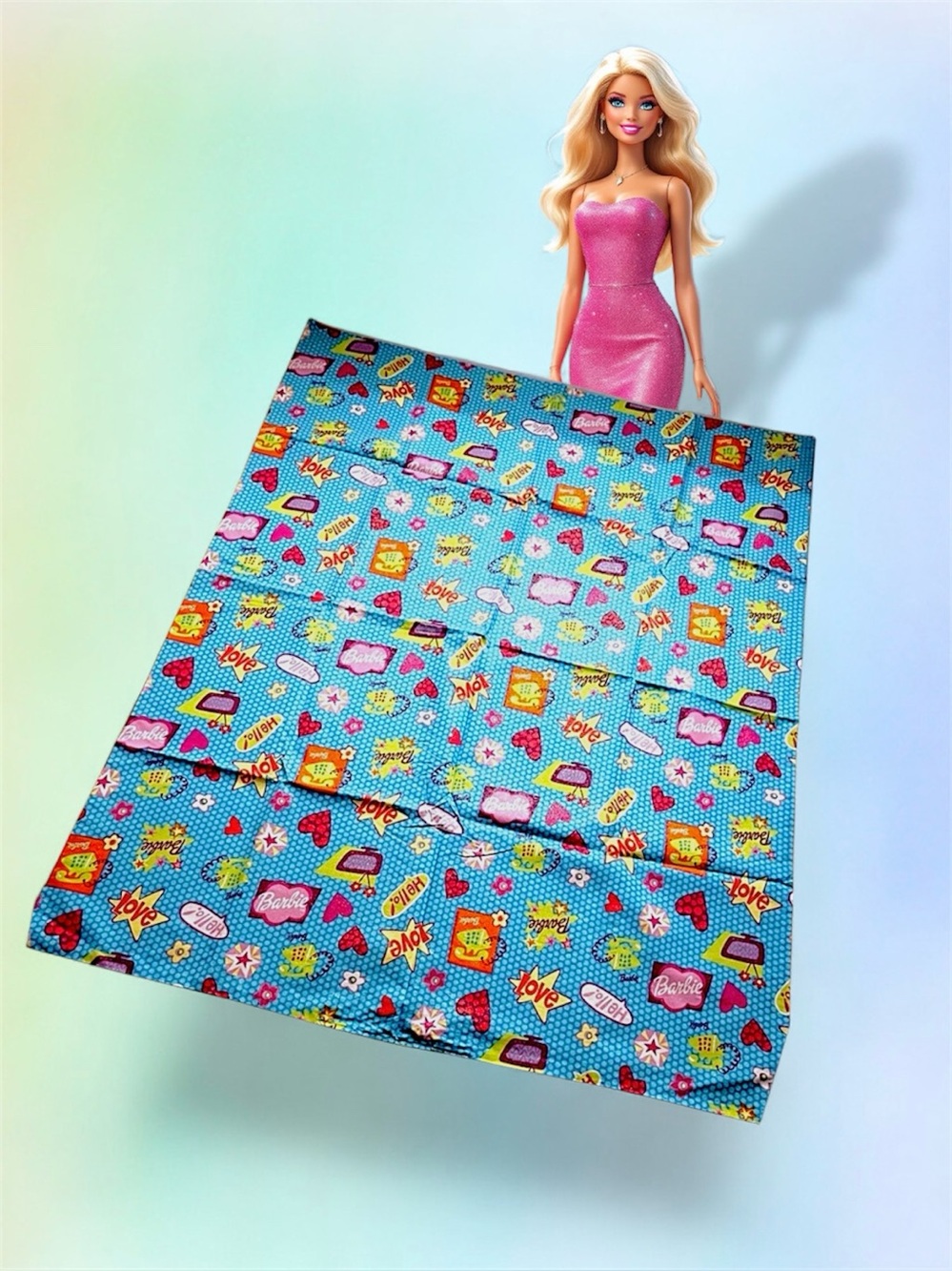 Handmade Barbie Sparkly Throw Blanket or Craft Fabric Light Blue Back 43"x53.5”
